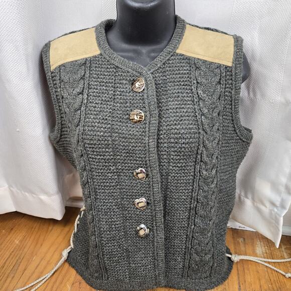 Loden Plankl Wool Cableknit Dark Green Sweater Vest Cardigan Sweater EU Size 42 - Picture 1 of 12